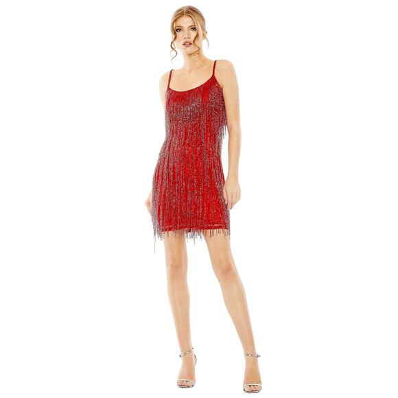 Mac Duggal NWT Spaghetti Strap Fringe Mini Dress in Red Size 8